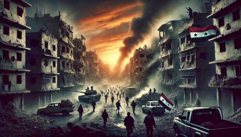 Syria. The image features a war-torn cityscape