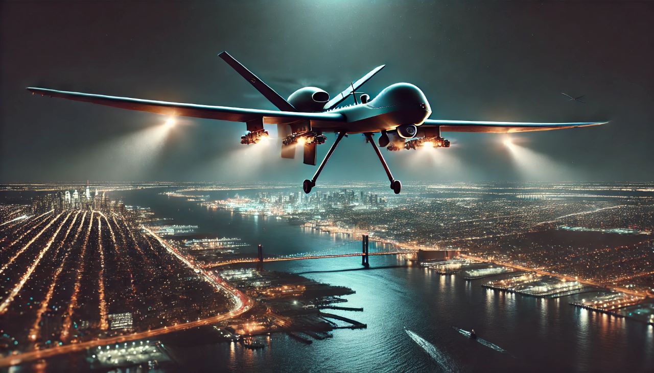 drone flying over New Jersey at night. The drone is equipped with bright lights and