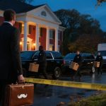 brick suburban home in Bethesda with soft porch lights, unmarked government SUVs and a discreet FBI evidence truck