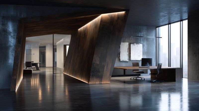 futuristic workspace minimalism lighting wood