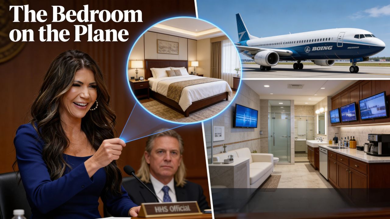 The Bedroom on the Plane Sen. Whitehouse literally blew up a photo of the queen bed at the hearing while Noem's husband sat behind