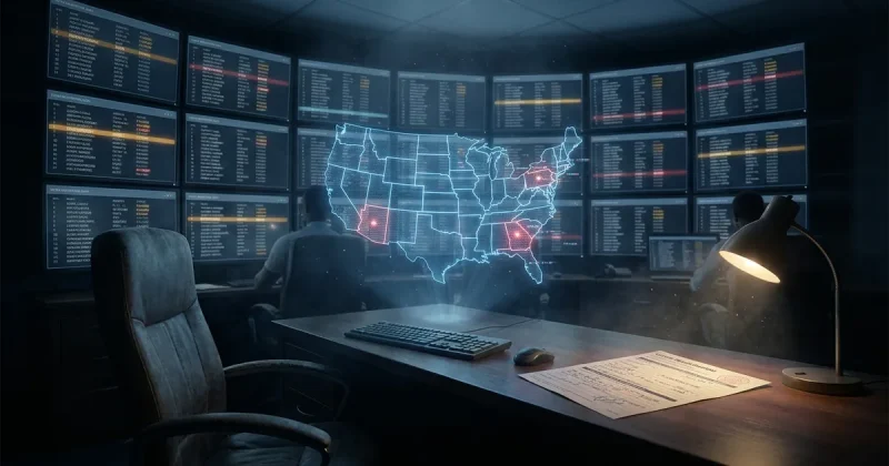 Dimly lit federal data operations center: wall of monitors showing voter registration records with flagged entries, a holographic US map highlighting database queries, and a paper voter registration form on a desk.