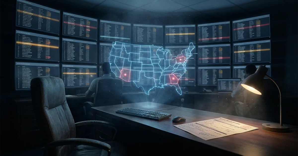 Dimly lit federal data operations center: wall of monitors showing voter registration records with flagged entries, a holographic US map highlighting database queries, and a paper voter registration form on a desk.