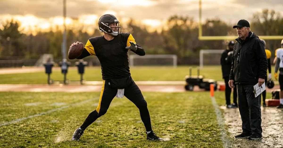 A veteran NFL quarterback in a black-and-yellow practice jersey winds up to throw a pass on an outdoor practice field at golden hour, while an older head coach in a black cap watches from the sideline holding a clipboard