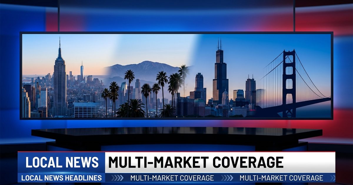 Multi-market local news graphic with New York, Los Angeles, Chicago, and San Francisco skyline silhouettes; royal blue, white, and red palette