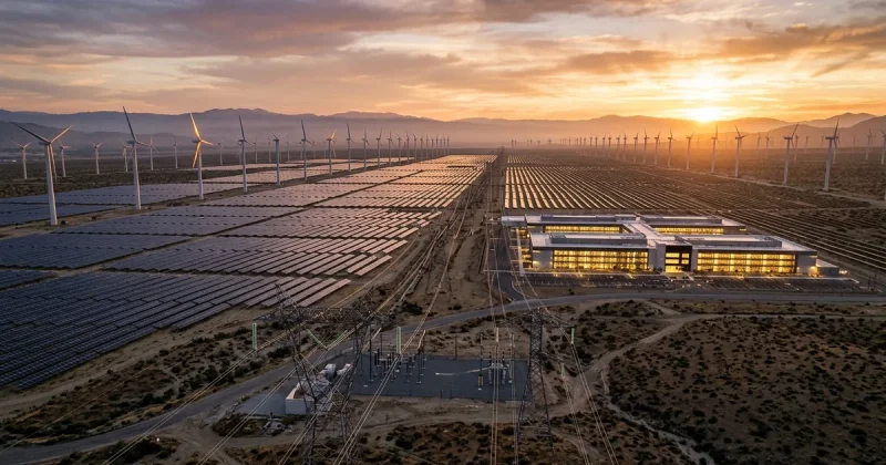 A vast solar and wind farm with high-voltage transmission lines and a substation carrying power to a large data center lit from within at golden hour