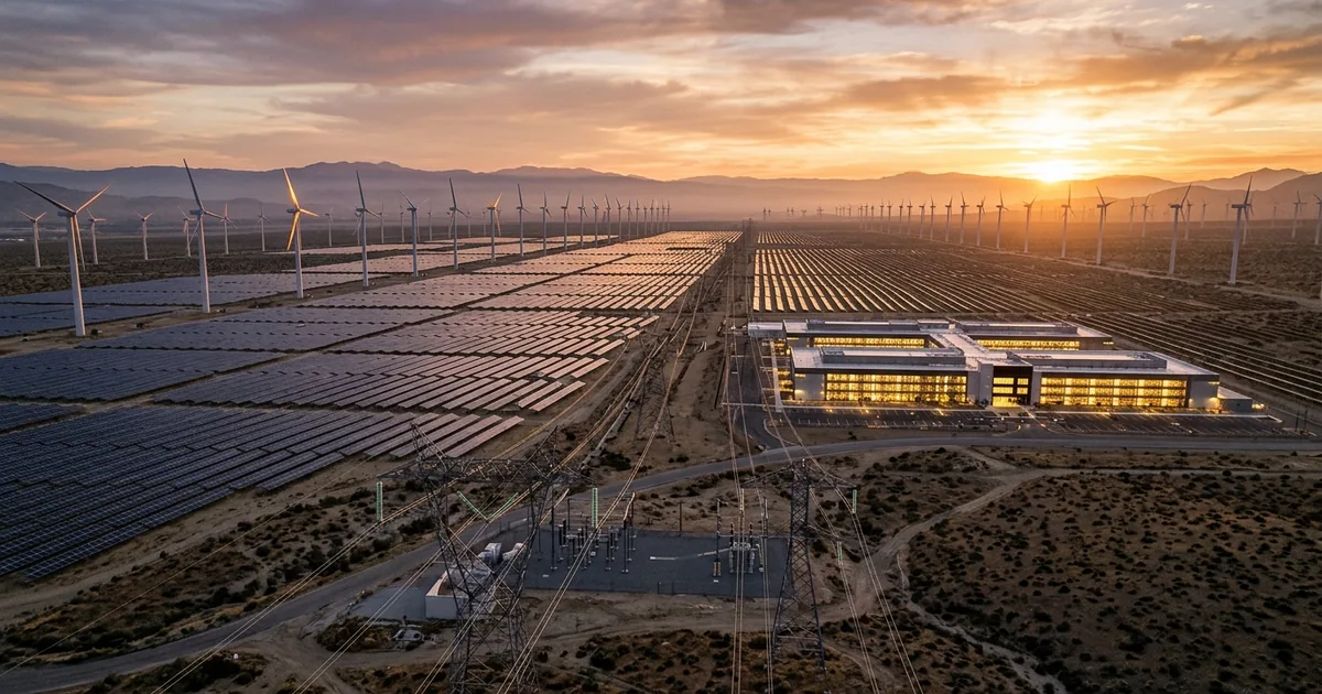 A vast solar and wind farm with high-voltage transmission lines and a substation carrying power to a large data center lit from within at golden hour