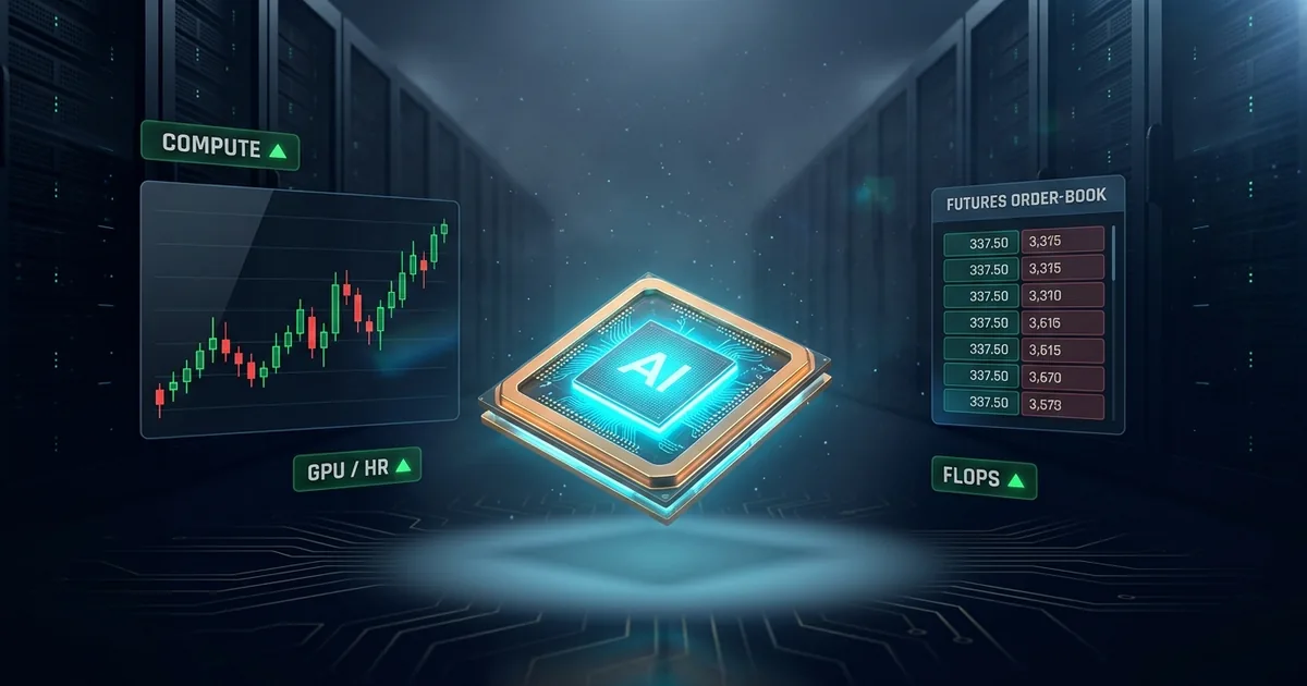Glowing gold-rimmed AI processor chip floating between a rising candlestick chart and a futures order-book panel, with data-center server racks receding into the background