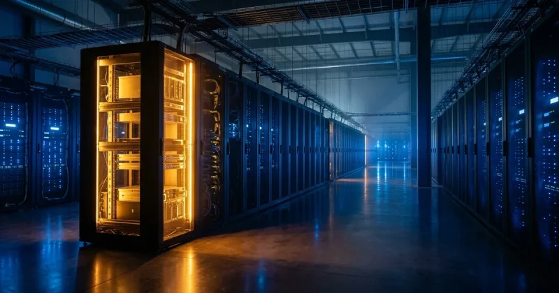 A brightly glowing server rack standing ahead of cooler blue server rows in a modern AI data center