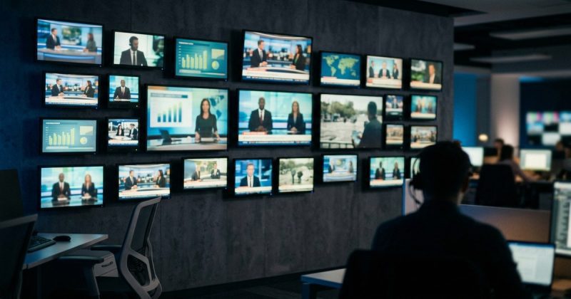 Wall of monitors showing different cable news channels in a modern editorial newsroom
