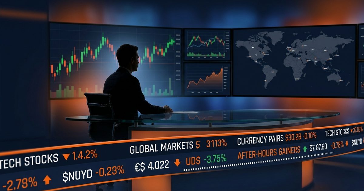 Editorial newsroom set with stock ticker tape, candlestick chart monitors, and a world map; navy and orange palette