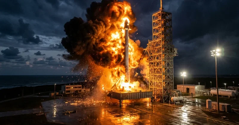 A white rocket engulfed in an orange fireball and black smoke on a coastal launch pad at night beside a steel launch tower