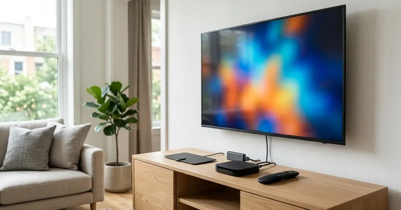 A media console with streaming devices and an indoor antenna under a wall-mounted TV in a bright living room
