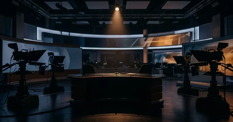 A darkened, empty TV news studio at dusk with a single spotlight on a vacant anchor desk flanked by silhouetted studio cameras