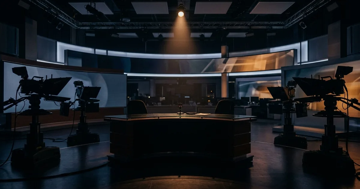 A darkened, empty TV news studio at dusk with a single spotlight on a vacant anchor desk flanked by silhouetted studio cameras