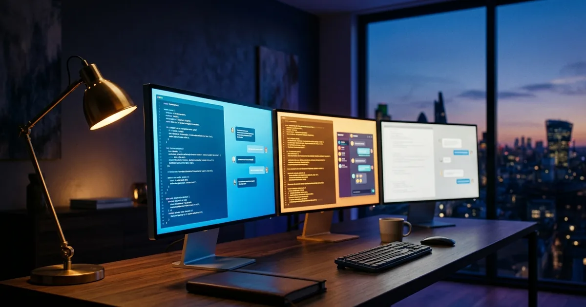 Three computer monitors on a dark wood home-office desk at twilight, each showing a different abstract AI chat interface in blue, amber, and white casts, with a brass desk lamp and a city skyline visible through the window