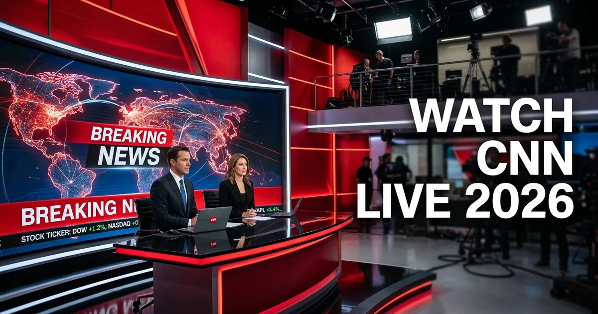 CNN broadcast studio with two anchors, glowing world map LED wall, breaking news banner and stock ticker, watch CNN live stream 2026