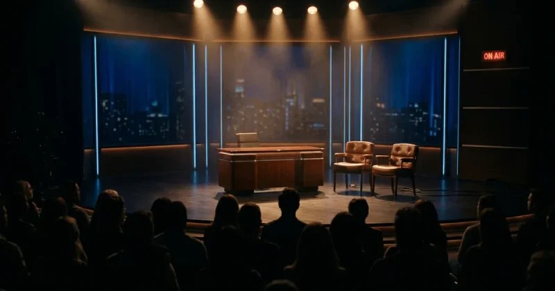 An empty late-night TV talk-show stage with a host desk and two guest chairs under spotlights, a studio audience in silhouette, and a glowing on-air sign