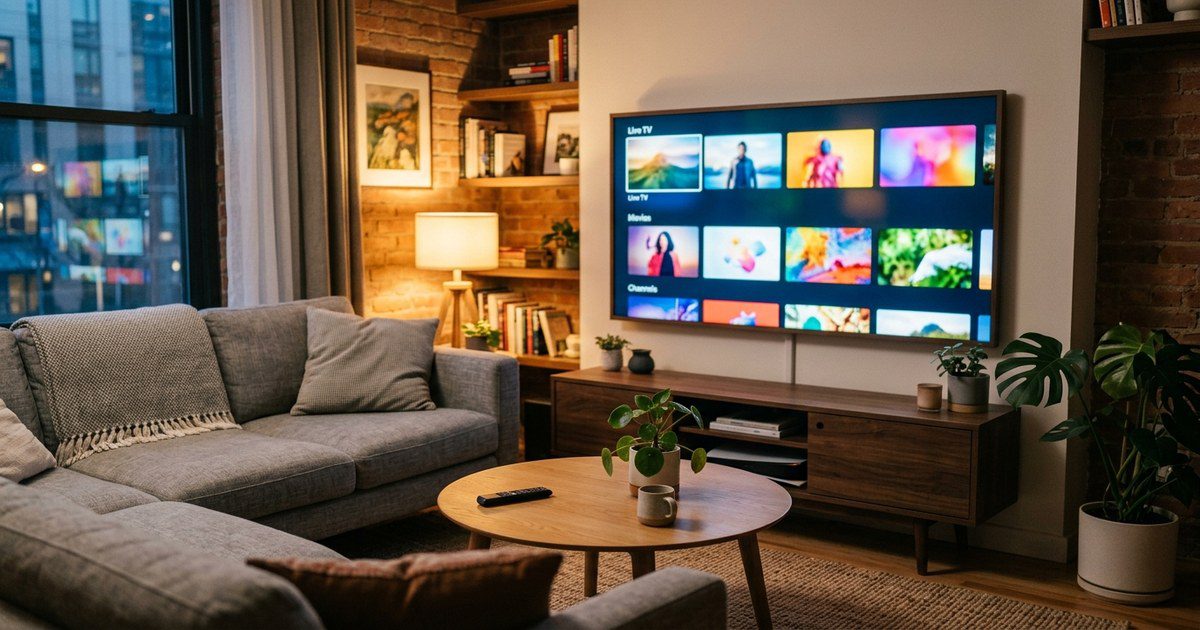 Modern living room with smart TV showing free streaming services interface for cord cutters