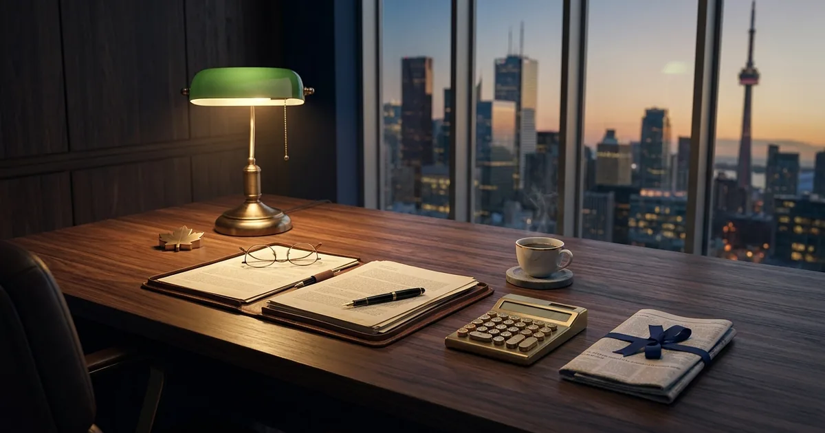 Editorial scene of a walnut financial advisor's desk in a Toronto high-rise office at dusk — open leather portfolio with documents, brass calculator, fountain pen, wire-rim glasses, small brass maple-leaf paperweight, with the CN Tower and bank towers silhouetted in the background window
