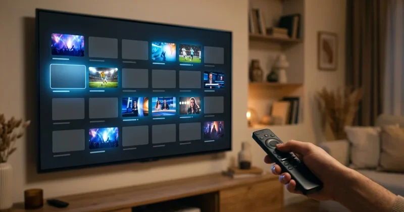 A hand with a remote facing a TV channel-guide grid where some tiles are active and several are greyed out