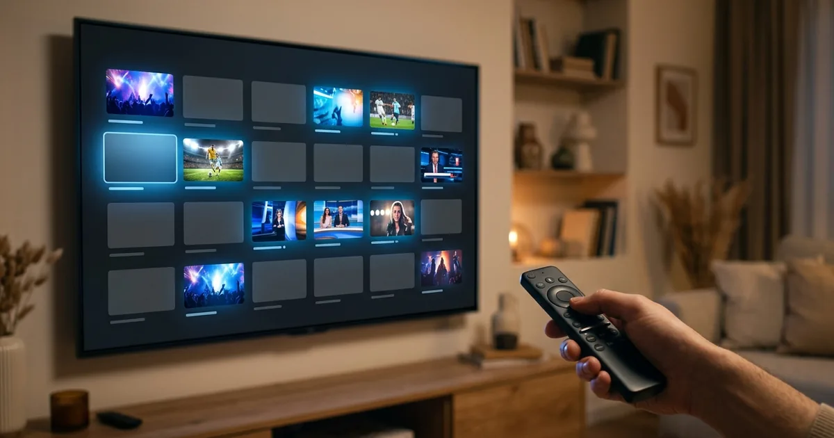 A hand with a remote facing a TV channel-guide grid where some tiles are active and several are greyed out