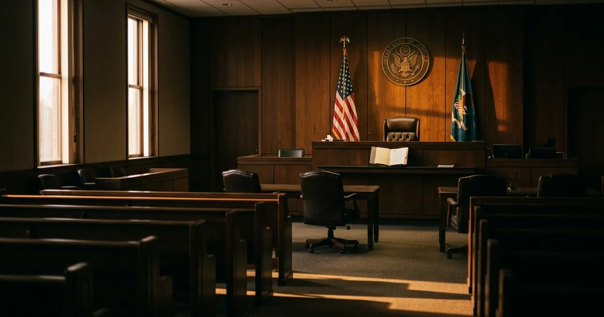 An empty judge's chair under the Department of Justice seal in a deserted American immigration courtroom