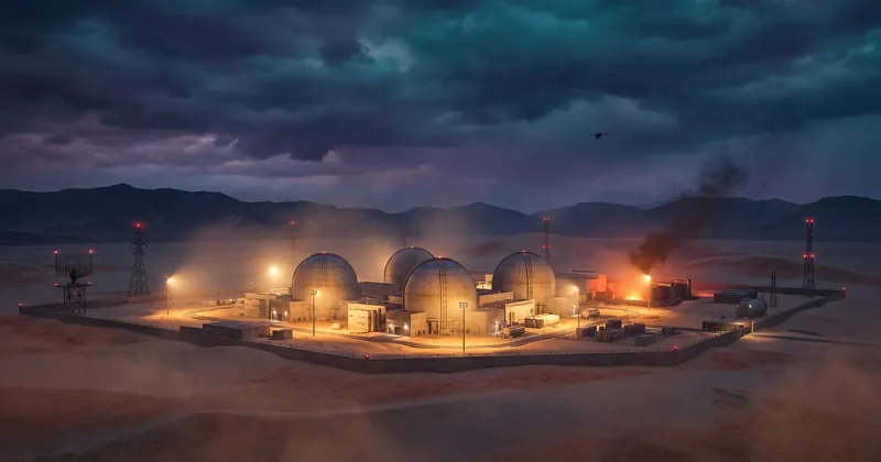 Cinematic dusk view of a four-reactor nuclear power plant complex in an arid desert with sodium-amber security lighting, distant mountains, and a faint drone silhouette in a stormy violet sky; an orange emergency glow rises from a peripheral generator suggesting recent damage