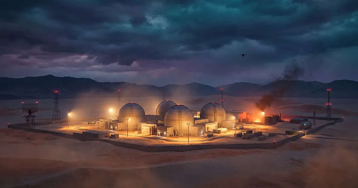 Cinematic dusk view of a four-reactor nuclear power plant complex in an arid desert with sodium-amber security lighting, distant mountains, and a faint drone silhouette in a stormy violet sky; an orange emergency glow rises from a peripheral generator suggesting recent damage