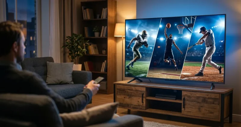 A multi-sport montage of football, basketball, and baseball on a living-room TV with a viewer holding a remote