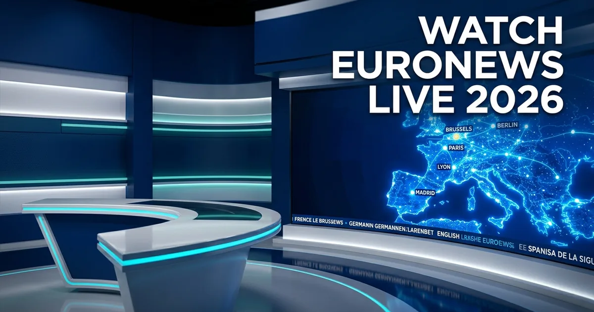 Euronews broadcast studio with glowing blue Europe map highlighting Brussels Paris Berlin Lyon Madrid, watch Euronews live 2026