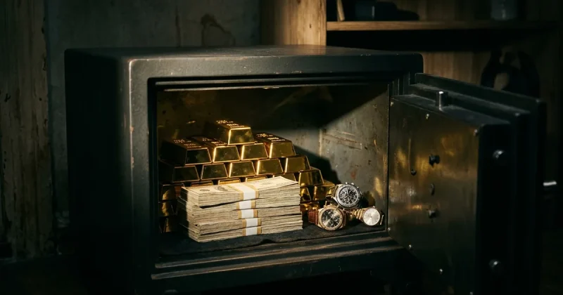 A stack of gold bars, bundled cash and luxury watches inside an opened safe in a dim room lit by a single hard light
