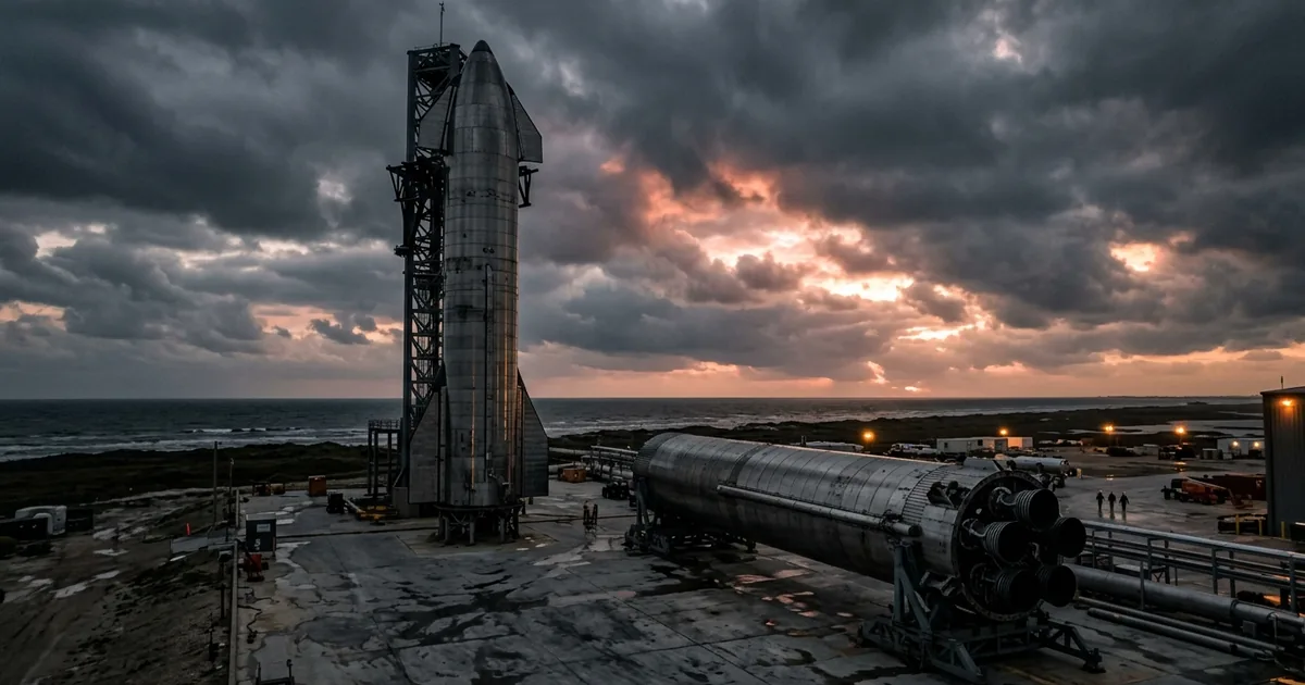 A stainless-steel heavy-lift rocket and its detached first-stage booster standing on a launch pad under an overcast dusk sky