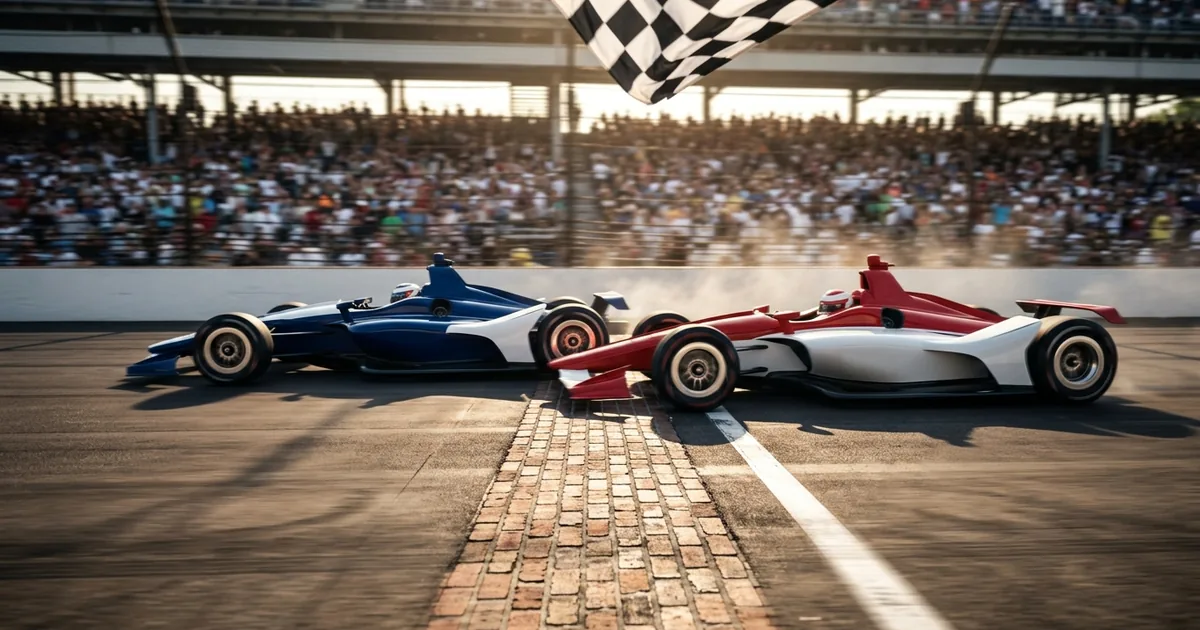 Two open-wheel race cars streak across a brick finish line nearly even under a checkered flag before a packed grandstand