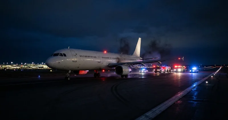 An Airbus A321 commercial jet stopped on a darkened airport runway at night, with emergency vehicle lights flashing in the distance and faint smoke trailing from the right engine.