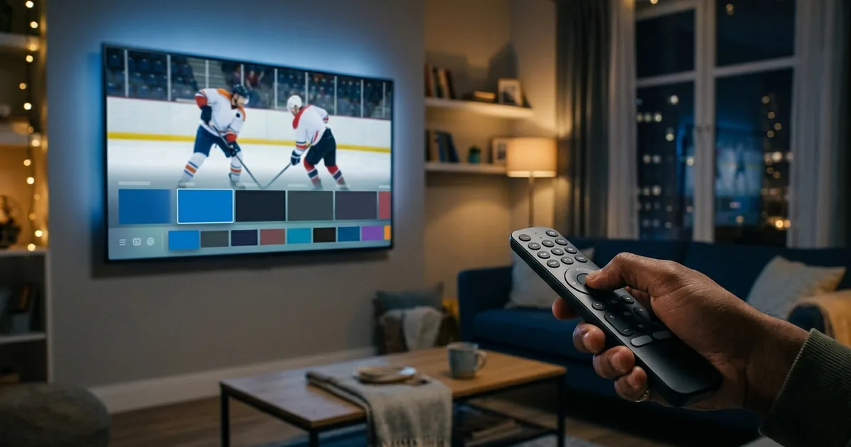 A hand holding a remote in front of a living-room TV showing a live sports game with a channel guide bar