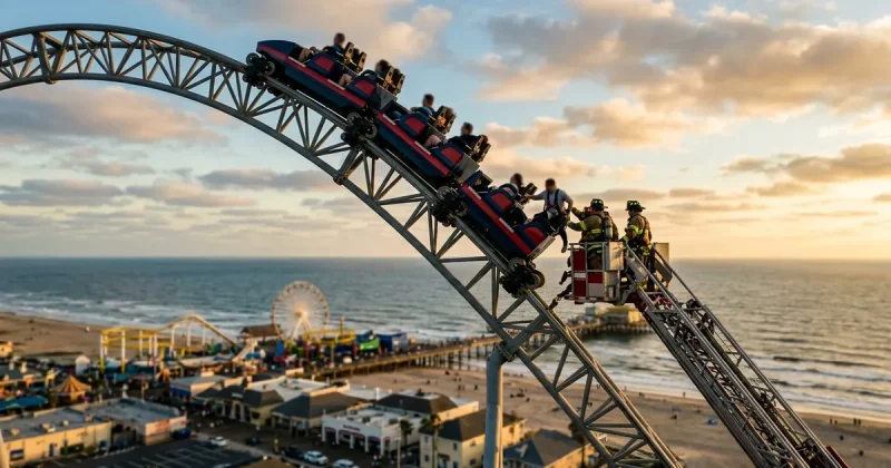 A roller coaster train halted mid-climb on a steep track as a fire department ladder truck reaches the stranded car above a seaside amusement pier at sunset
