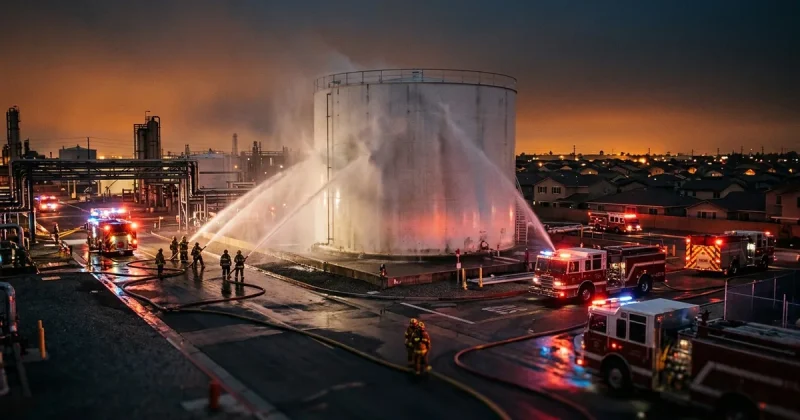 Firefighters spray water on a large industrial chemical storage tank at dusk as emergency vehicles surround it near suburban homes