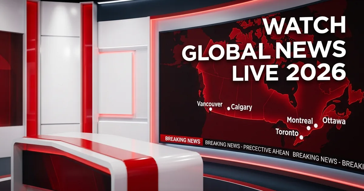 Global News broadcast studio with red and white Canadian map highlighting Vancouver Calgary Toronto Montreal Ottawa, watch Global News live 2026