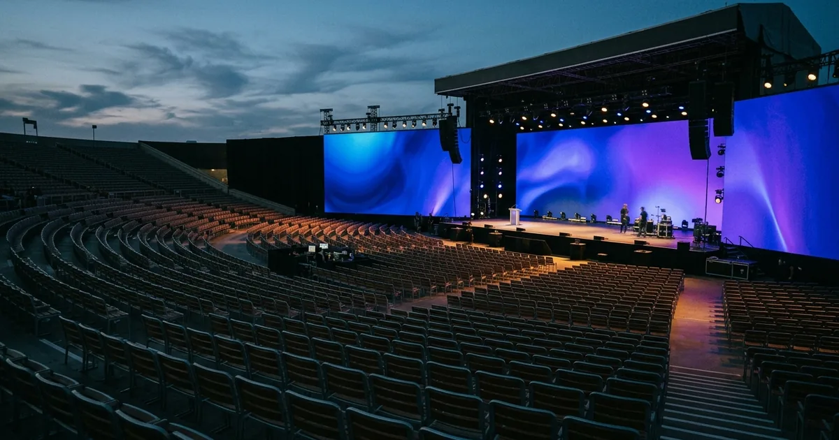 Empty outdoor conference amphitheatre at dusk with curved rows of seats facing a large stage backed by LED screens glowing in a blue and violet gradient, crew making final preparations
