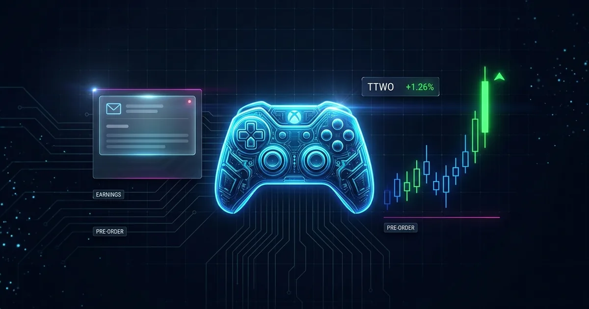 A glowing video game controller flanked by a rising TTWO candlestick chart and an email notification panel on a dark dashboard background