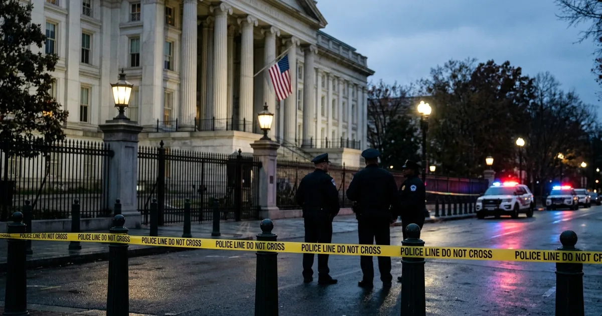 Law enforcement officers stand behind yellow police tape on a cordoned street outside a neoclassical government building at dusk