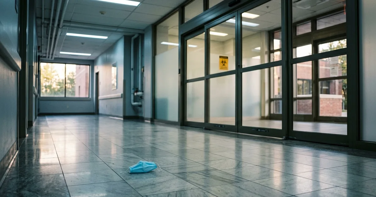 Empty institutional hospital hallway with biocontainment unit glass doors and a yellow biohazard placard, evoking the National Quarantine Unit response to the hantavirus cruise ship outbreak