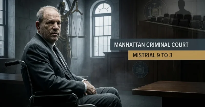 Harvey Weinstein seated in a wheelchair in a Manhattan criminal courtroom, gray suit, scales of justice statue behind him, ghosted jury box silhouette in the upper right, caption panels reading Manhattan Criminal Court and Mistrial 9 to 3