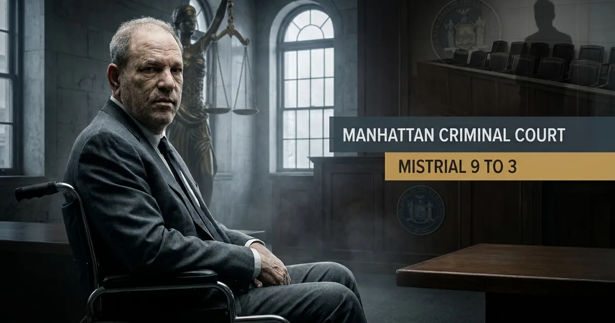 Harvey Weinstein seated in a wheelchair in a Manhattan criminal courtroom, gray suit, scales of justice statue behind him, ghosted jury box silhouette in the upper right, caption panels reading Manhattan Criminal Court and Mistrial 9 to 3