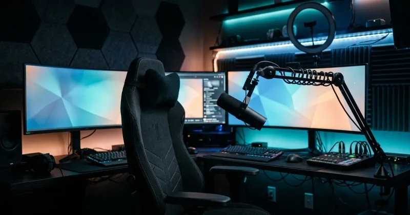 A darkened empty streaming studio with an unoccupied chair, microphone on a boom arm and glowing monitors