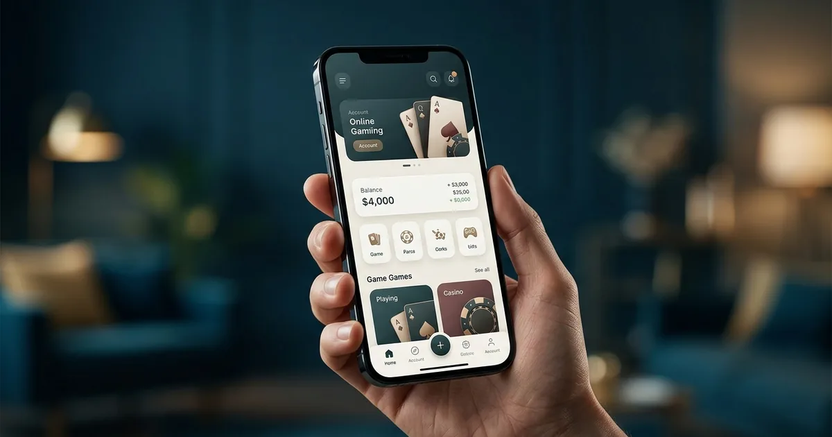 Hand holding a smartphone showing a clean online casino gaming app dashboard in a softly lit modern interior