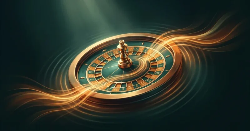 A golden casino roulette wheel on a dark teal-green background with luminous gold streams of light flowing into it