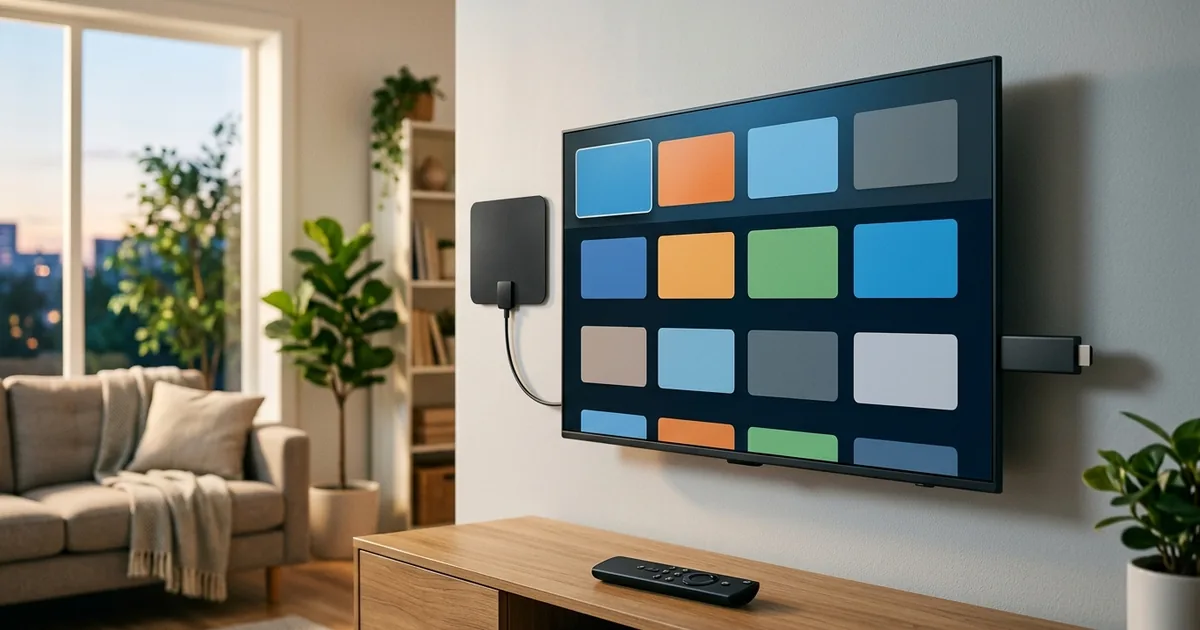A wall-mounted TV showing a streaming home screen with a streaming stick and an indoor antenna for local channels