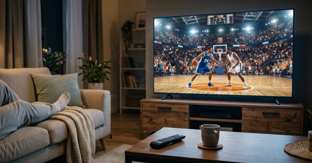A college basketball game in a packed arena shown on a large living-room TV with a remote on the table
